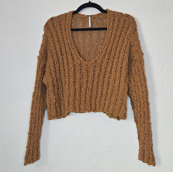 Free People Sweaters - Free People XS Beach Comber Mustard Open Knit Cropped Sweater